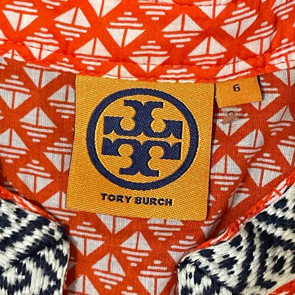 Tory Burch Women’s Tunic Top Cotton Classic Modern Size 6 Orange White Navy - Picture 10 of 12